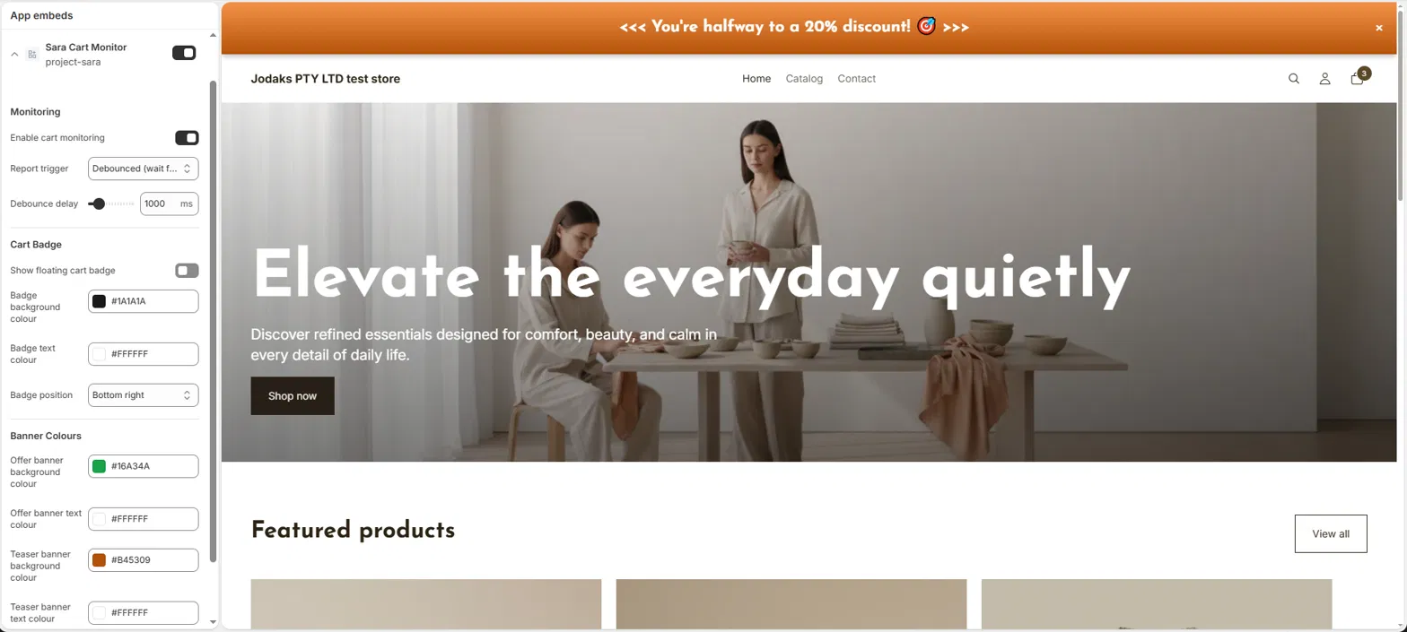 Shopify Theme Editor showing the App Embeds panel with Sara Cart Monitor toggled on