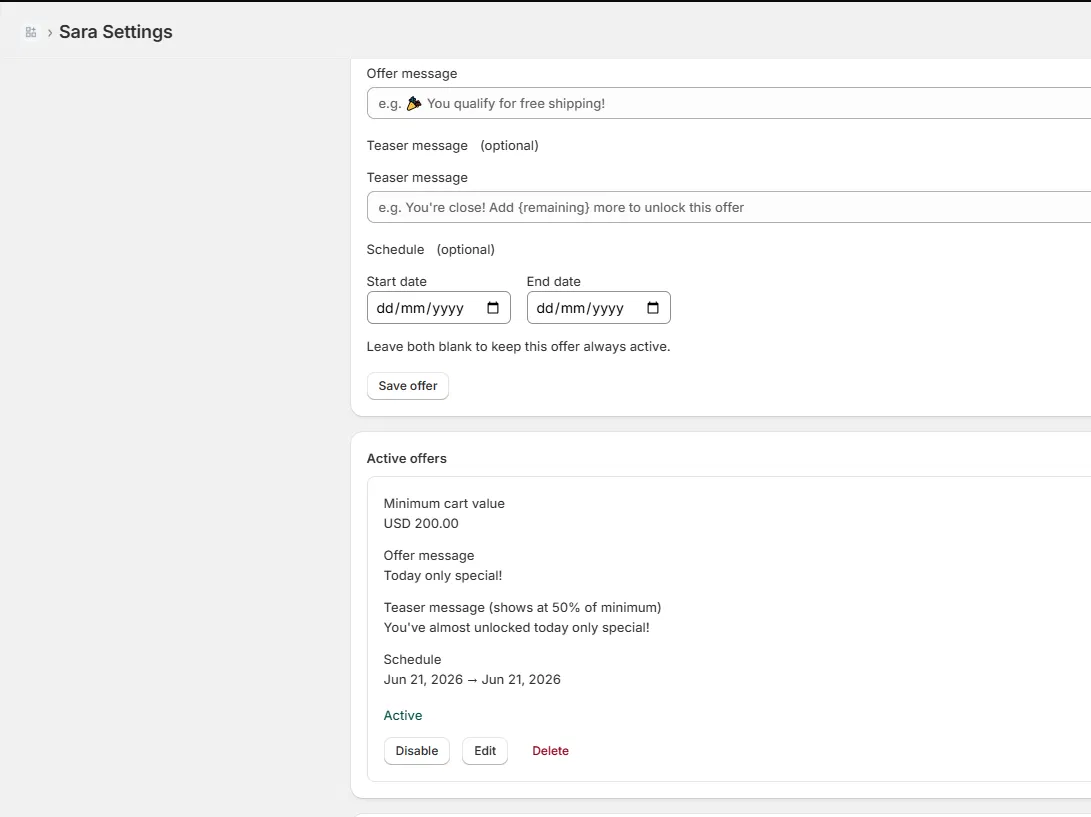 Sara Settings page showing the offer configuration fields including minimum cart value, offer message, teaser, and scheduling options